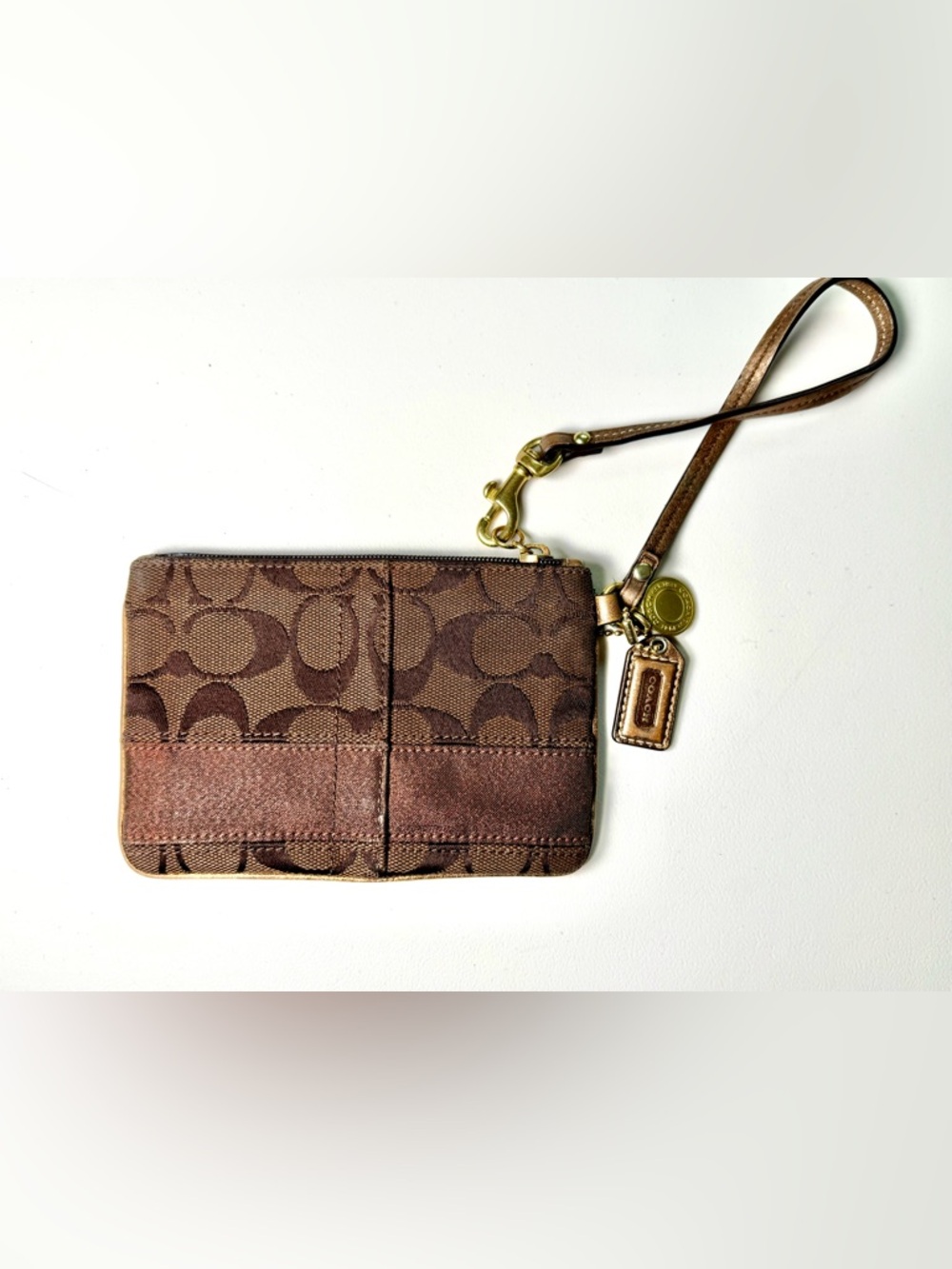 Coach Brown Signature Mini Wristlet with Leather Trim